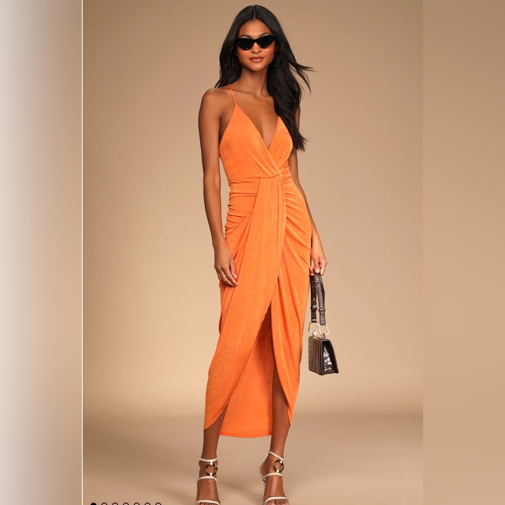 Lulus Dreamy Date Orange Surplice Midi Dress